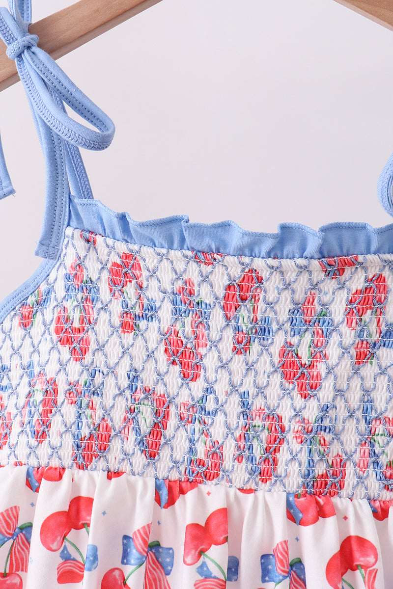 Blue cherry smocked ruffle shorts set