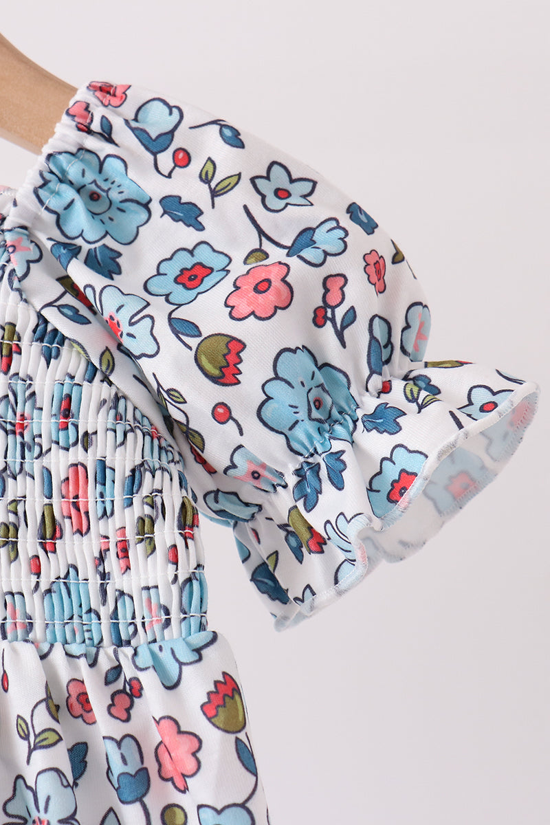 Blue floral smocked ruffle bubble