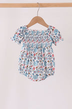 Blue floral smocked ruffle bubble