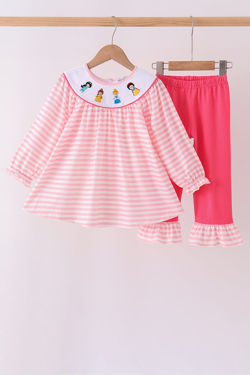 Pink Stripe Princess Embroidery Ruffle Pants Set