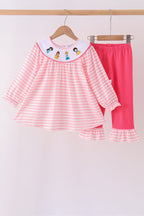 Pink Stripe Princess Embroidery Ruffle Pants Set
