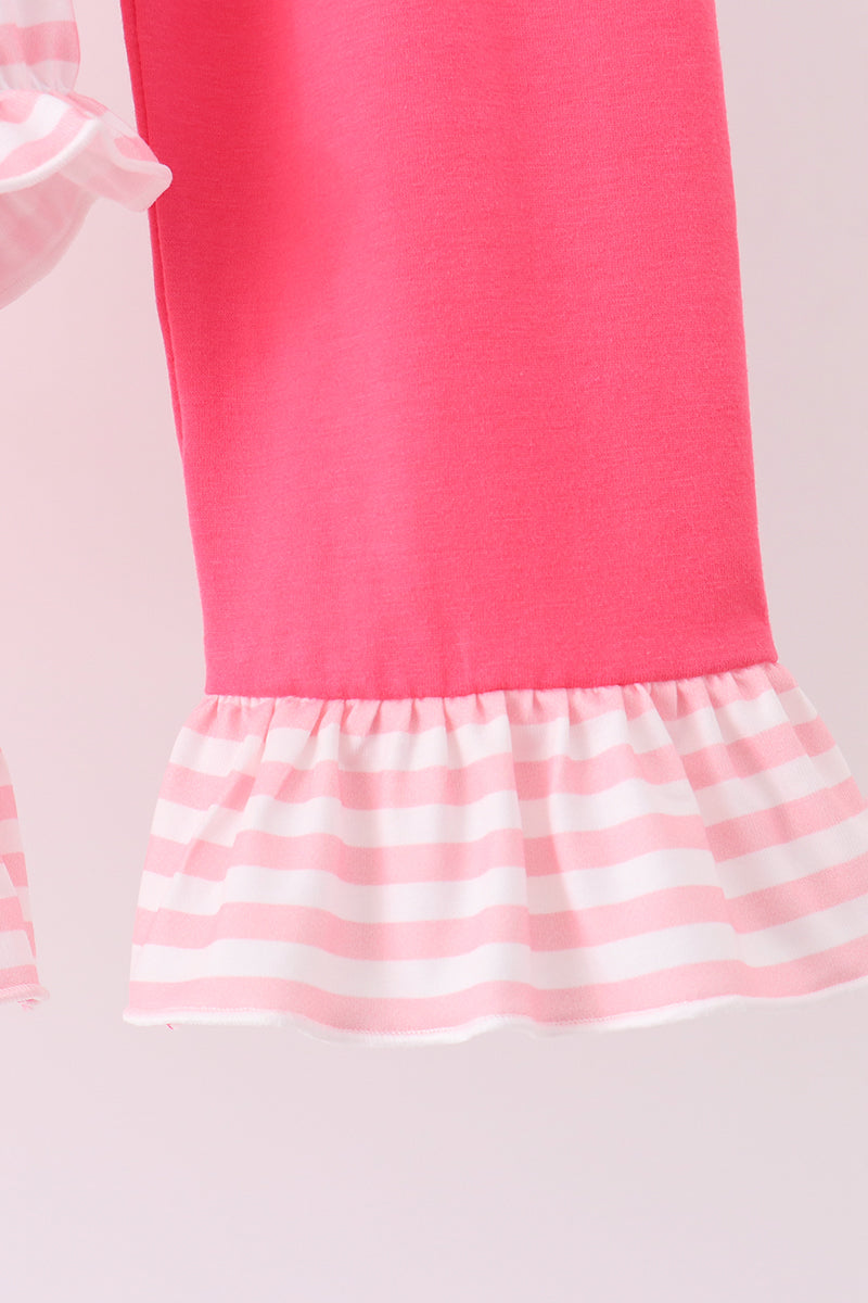 Pink Stripe Princess Embroidery Ruffle Pants Set
