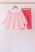 Pink Stripe Princess Embroidery Ruffle Pants Set