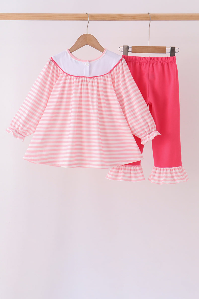 Pink Stripe Princess Embroidery Ruffle Pants Set