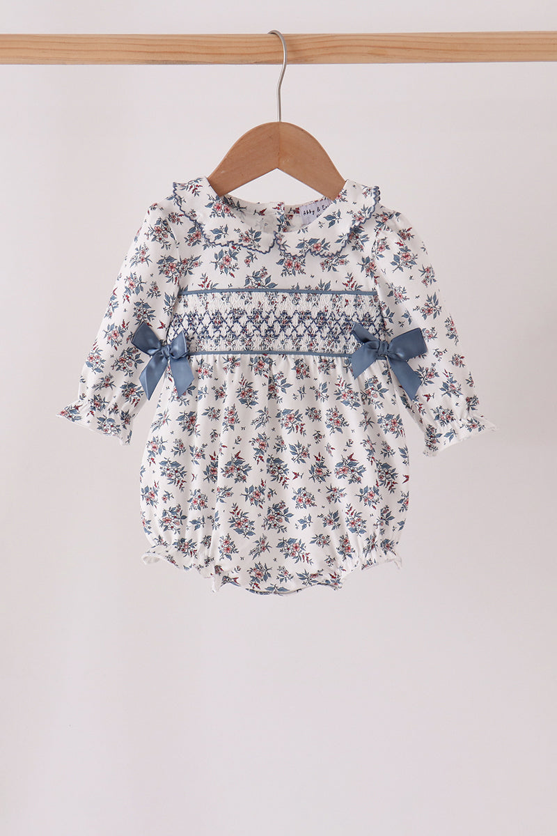Teal floral smocked bow bubble