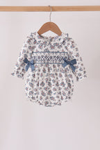 Teal floral smocked bow bubble