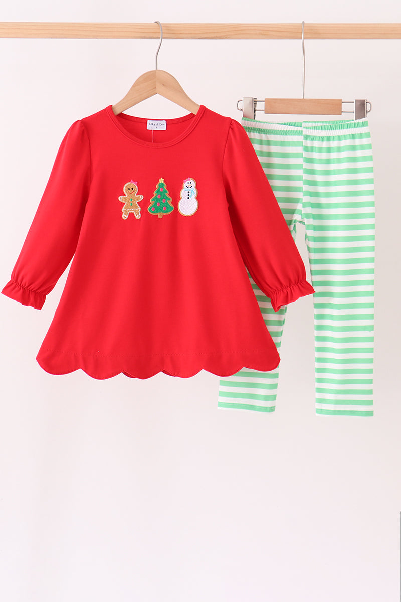 Red Gingerbread Tree Embroidery Pants Set