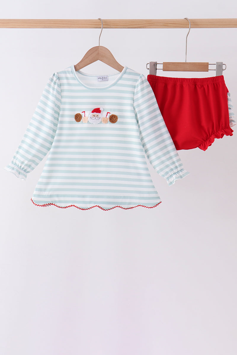 Gray stripe santa french knot ruffle bloomer set