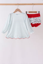 Gray stripe santa french knot ruffle bloomer set