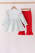 Gray stripe santa french knot ruffle pants set