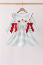 Gray stripe santa french knot ruffle dress