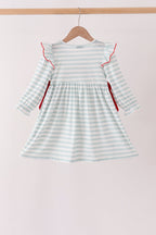 Gray stripe santa french knot ruffle dress