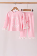 Pink skeleton print ruffle pants set