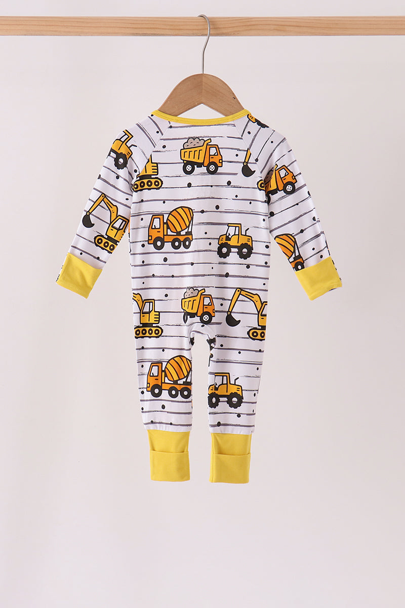 Yellow Construction Trucks Zip Bamboo Romper