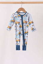 Blue Construction Trucks Zip Bamboo Romper