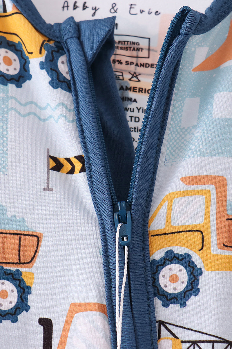 Blue Construction Trucks Zip Bamboo Romper