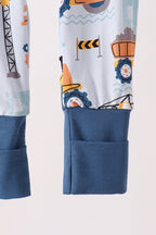 Blue Construction Trucks Zip Bamboo Romper