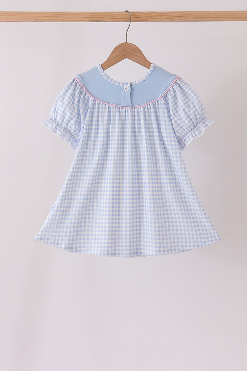 Blue ghost embroidery gingham dress