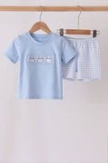 Blue ghost embroidery gingham shorts set