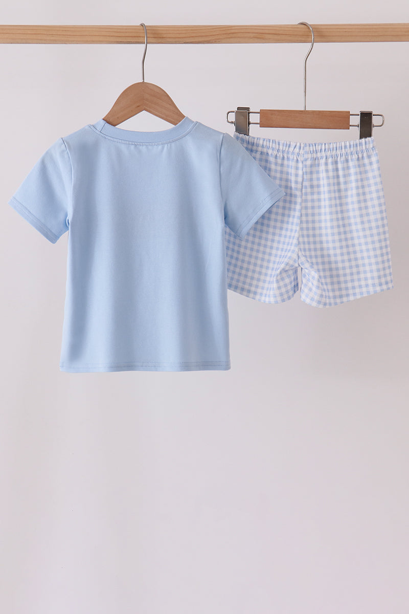 Blue ghost embroidery gingham shorts set