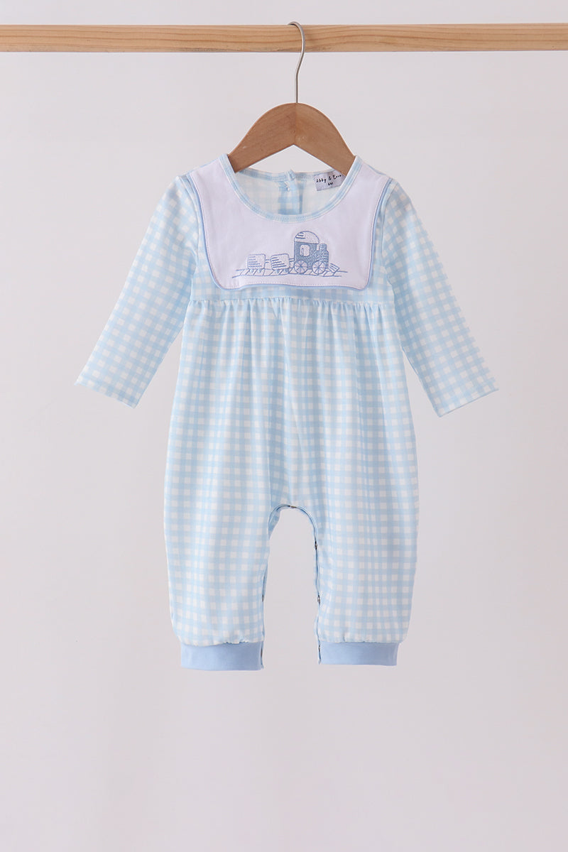 Blue train embroidery gingham romper