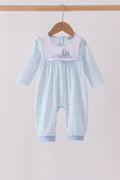 Blue train embroidery gingham romper