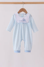 Blue train embroidery gingham romper