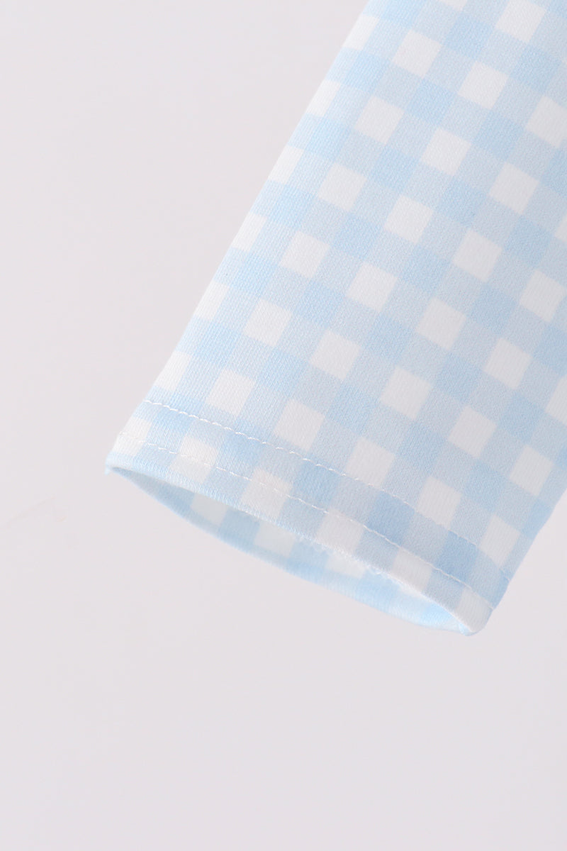 Blue train embroidery gingham romper