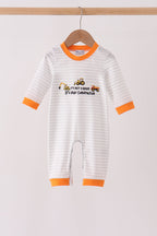 Gray stripe construction vehicle embroidery romper