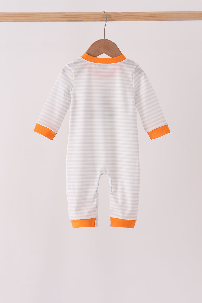 Gray stripe construction vehicle embroidery romper