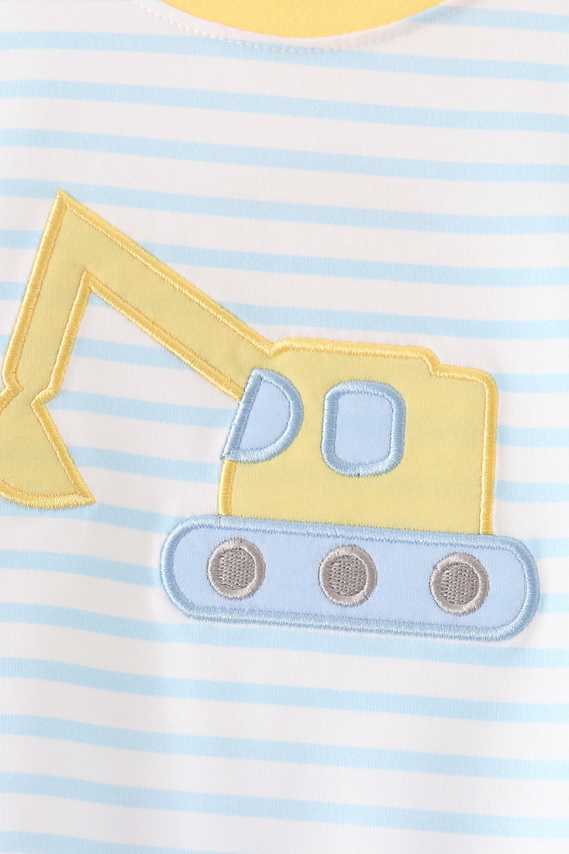Blue Excavator Applique Stripe Romper