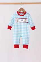 Blue puppy embroidery gingham romper