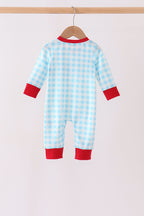Blue puppy embroidery gingham romper