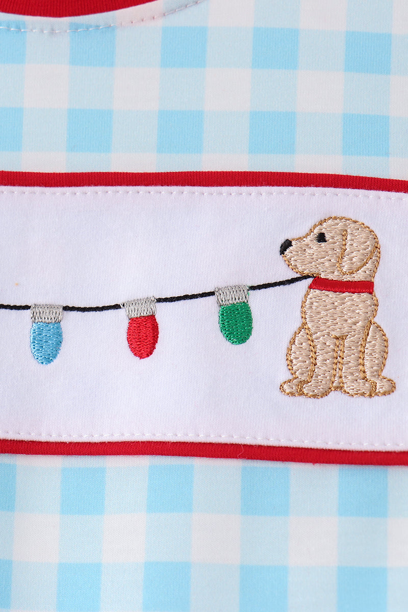 Blue puppy embroidery gingham jogger set