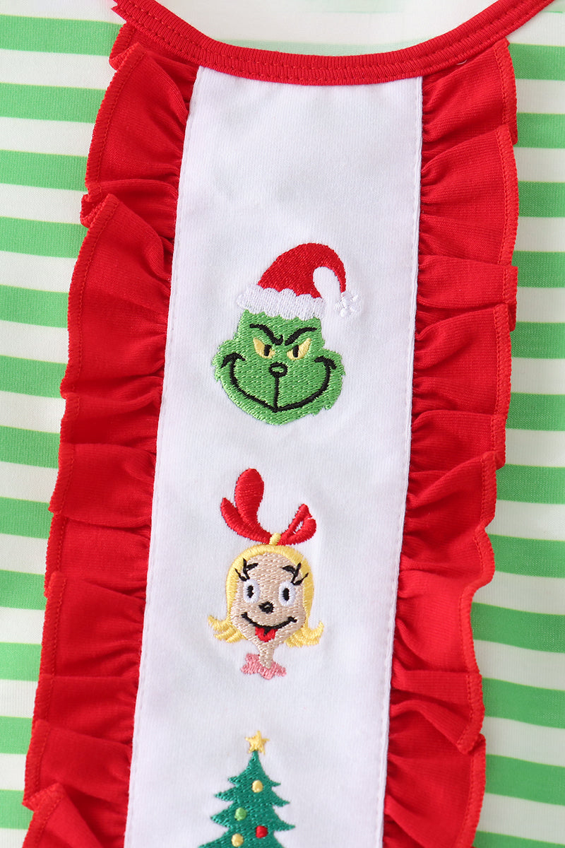 Green stripe grinch embroidery ruffle pajama set