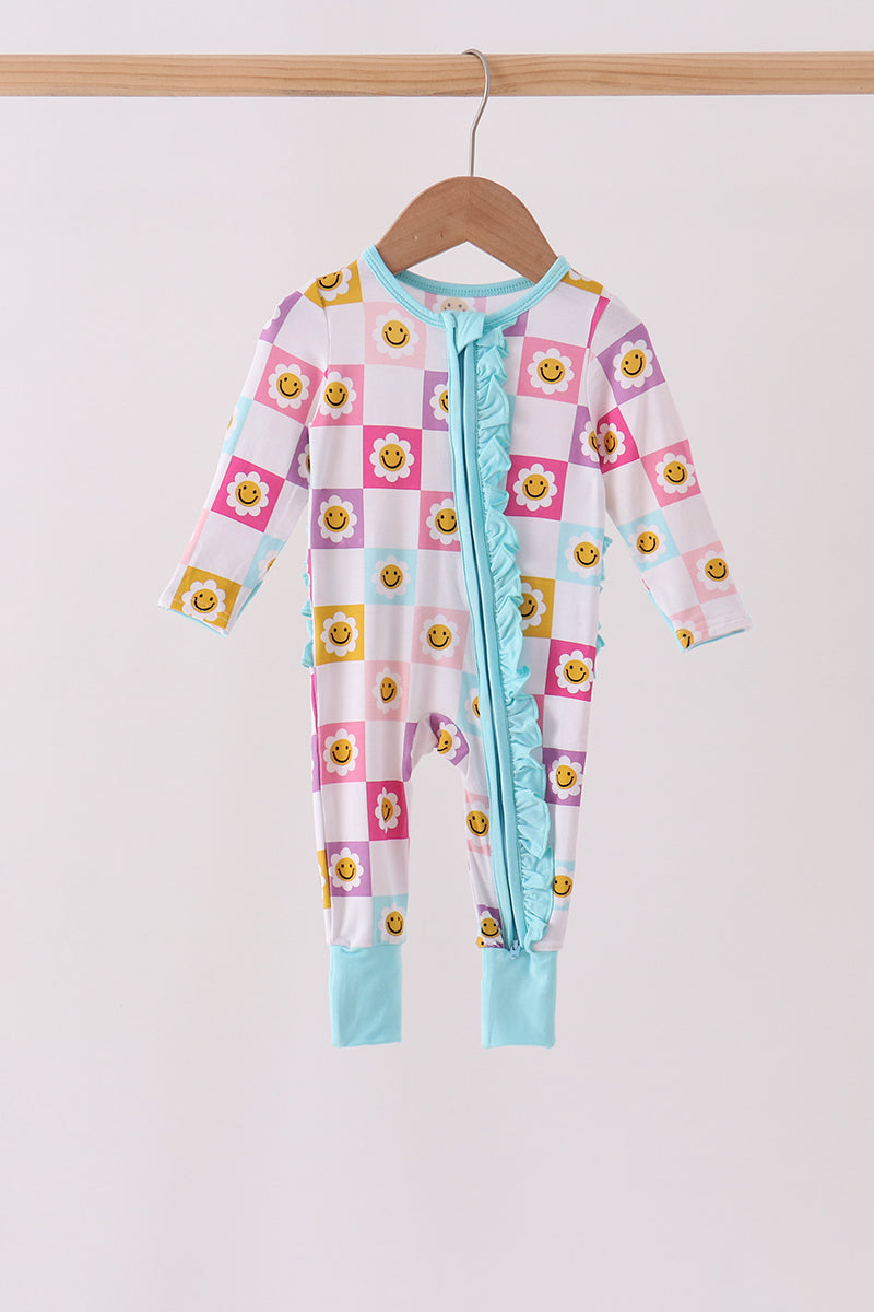 Blue smiling checkered ruffle bamboo romper