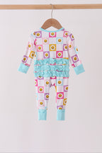 Blue smiling checkered ruffle bamboo romper