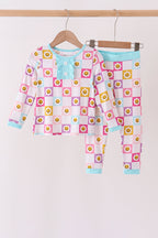 Blue smiling checkered ruffle bamboo pajama set