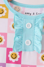 Blue smiling checkered ruffle bamboo pajama set
