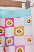 Blue smiling checkered ruffle bamboo pajama set