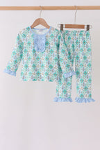 Green santa print ruffle pajama set