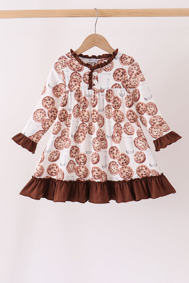 Brown Milk Cookie Print Ruffle Dress