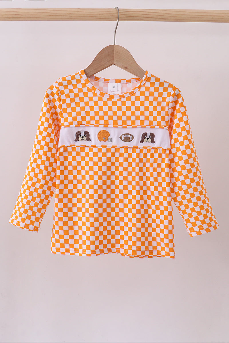 Orange Tennessee puppy bow embroidery checkered top