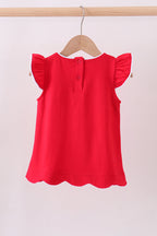 Red flutter sleeve scalloped top