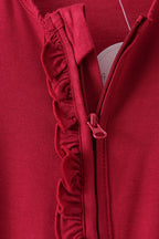 Burgundy ruffle zipper bamboo romper – view 2
