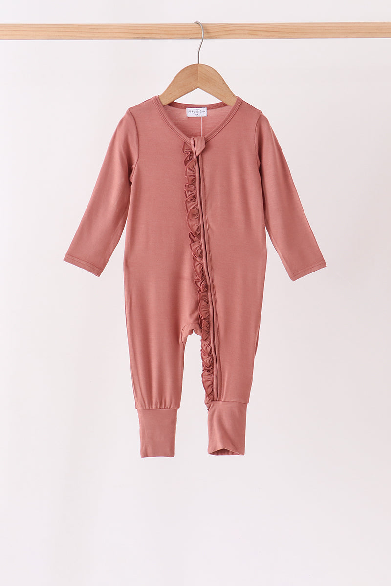Dusty rose ruffle zipper bamboo anti-slip romper – wholesale for boutiques | Honeydew USA