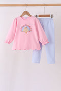 Pink turkey embroidery scalloped pants set