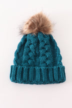 Teal pompom cable beanie hat
