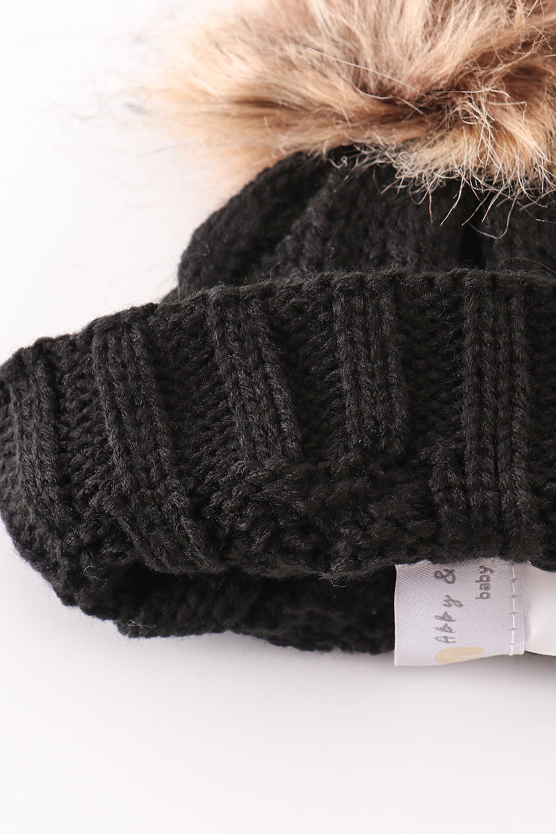 Black pompom cable beanie hat