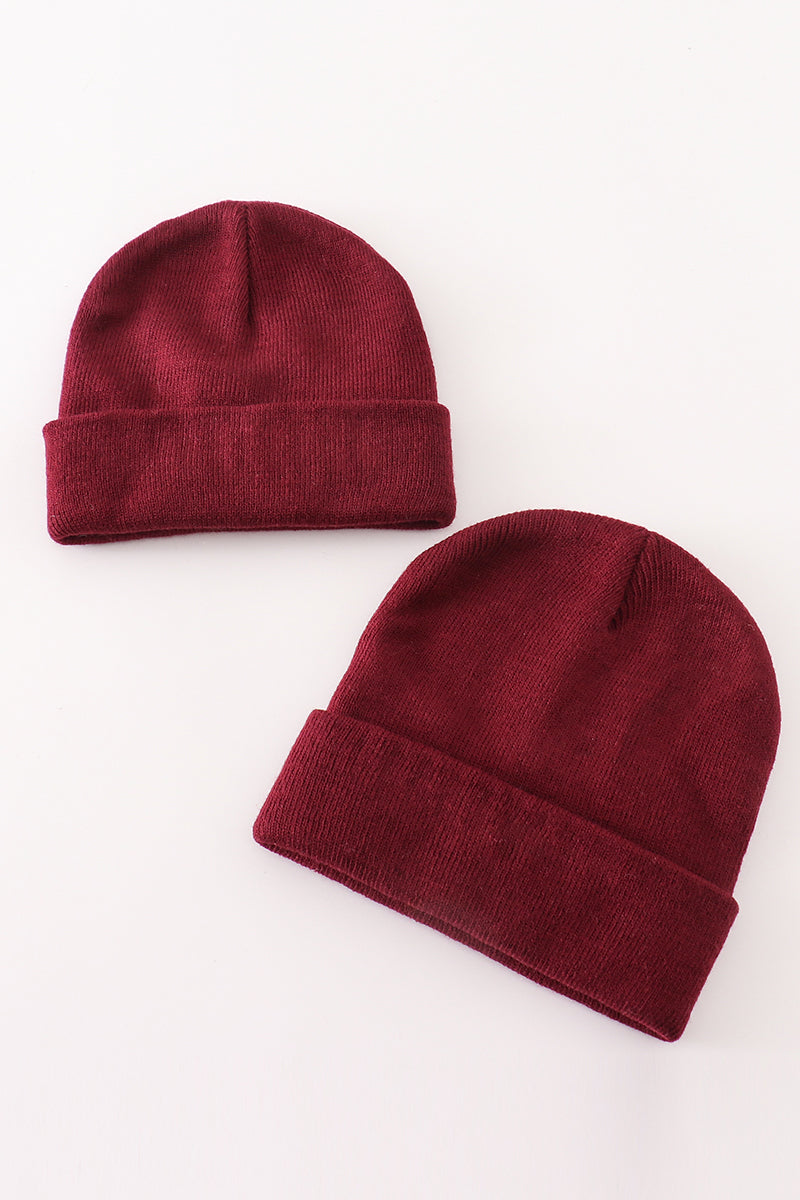 Burgundy ribbed basic knit beanie hat